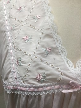 JUST FOR WOMEN, Lt Pink, White, Mint Green, Polyester, Nylon, Solid, Light Pink, Diamond Eye Let with Pink/mint Flower/leaves Embroidery Along V-neck W/white Lace Trim & Light Pink Ribbon Lacing Work, Short Sleeves, with Matching White Lace Trim