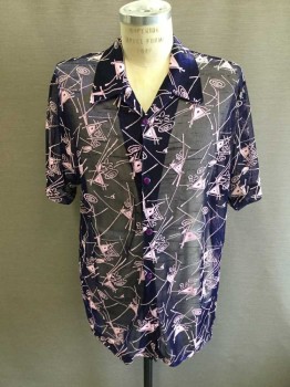 Y.M.L.A., Navy Blue, Graphic, Sheer Metallic with Pink Geometric Embroidery, S/S, B.F., C.A.,