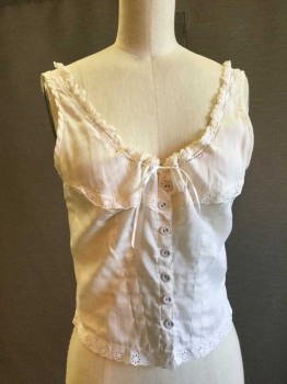 FOX6, White, Cotton, Solid, Ruffled Trim Drawstring Scoop Neck, Covered Button Front. Eyelet Lace Trim. Sleeveless,