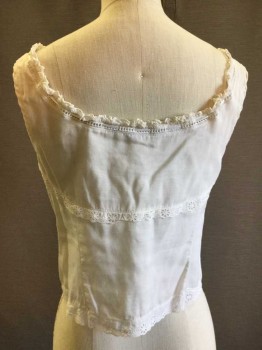 FOX6, White, Cotton, Solid, Ruffled Trim Drawstring Scoop Neck, Covered Button Front. Eyelet Lace Trim. Sleeveless,