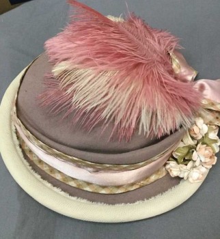 ERA NOUVELLE, Gray, Wool, Silk, Felt Crown, Cream Straw Brim, Sage/Lt Pink/Cream Plaid Band with Lt Pink Satin On Top, Self Bow, Large Pink/Lt Pink Feathers, Peach/White Flowers,