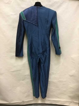 MTO, Navy Blue, Green, Silver, Spandex, Leather, Solid, Made To Order, Super Spandex One Piece with Pleated Metallic Navy Leather Left Sleeve and Shoulder with Green Spandex  Panel At Left Shoulder, Left Side Seam & Length Of Right Sleeve, Spacesuit, Astronaut, for Campy Crew-mate Fc045767