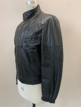 THE LEATHER SHOP, Black, Leather, Synthetic, Solid, Zip Front, Collar Band with Snap Buttons, 3 Welt Pockets