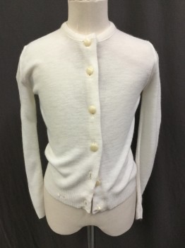 N/L, White, Acrylic, Solid, Crew Neck, Button Front, Long Sleeves,