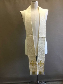 CM ALMY, Cream, Silk, Floral, Jacquard, Gold/White Fringe, Yellow/Red Large Embroidered Crosses on Ends, 1 Small Cross on Back Neck