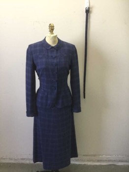 DAVIDOW, Navy Blue, Blue, Slate Blue, Wool, Plaid-  Windowpane, Thick Wool, Single Breasted, Small Peter Pan Collar, 5 Self Fabric Covered Buttons, 2 Hip Pockets, and 2 Faux Welt Pockets at Chest, Padded Shoulders, Dark Purple Silk Lining, **Suit is 3 Piece, Self Fabric Structured Belt with Self Fabric Rectangular Buckle ***Belt Fabric is Worn at Buckle