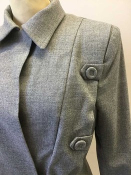 COLEMANS, Gray, Wool, Synthetic, Heathered, Double Breasted, Snap Front Closure. Collar Attached, Long Sleeves with Cuffs. 6 Covered Button Detail at Side Front. Fitted at Waist. Panelled . Dusty Rose Synthetic Lining