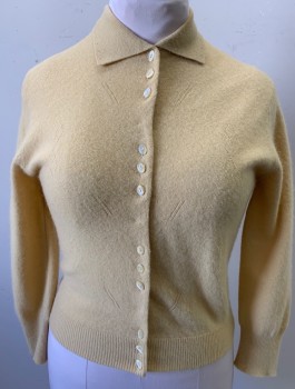 MARIANNE SHOPS, Cream, Wool, Angora, Solid, Knit, with Diamonds and Diagonal Line Faint Impressions in Knit, 3/4 Sleeves, Collar Attached, Clusters of 3 Oval Buttons at Front,