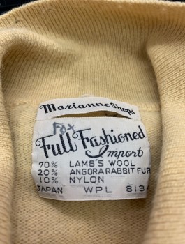 MARIANNE SHOPS, Cream, Wool, Angora, Solid, Knit, with Diamonds and Diagonal Line Faint Impressions in Knit, 3/4 Sleeves, Collar Attached, Clusters of 3 Oval Buttons at Front,