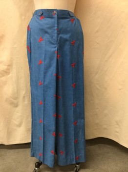 MTO, Sky Blue, Red, Polyester, Heathered, Novelty Pattern, Pants - Flat Front, Zip Front, No Pockets, Elastic Side Waistband, Faux Button Tab Detail Front, Red Lobsters Embroidered All Over! Double,