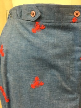 MTO, Sky Blue, Red, Polyester, Heathered, Novelty Pattern, Pants - Flat Front, Zip Front, No Pockets, Elastic Side Waistband, Faux Button Tab Detail Front, Red Lobsters Embroidered All Over! Double,
