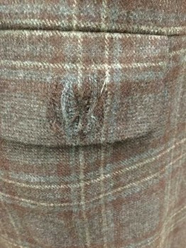 NL, Dk Gray, Dk Brown, Lt Gray, Wool, Plaid, Wool Flannel, 3 Buttons,  Single Breasted, Notched Lapel, Aged/Distressed With Manufactured Tears