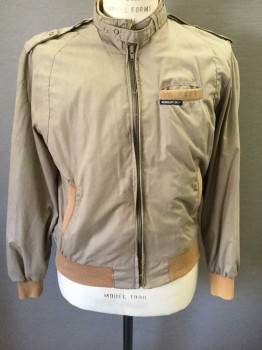 MEMBERS ONLY, Beige, Tan Brown, Polyester, Nylon, Solid, Zipper Center Front, Tan Ribbed Cuffs, Waistband, + Edge Of 3 Pockets, Epaulettes, Self Buckle At Stand Collar W/2 Snap Closures, Beige Lining,