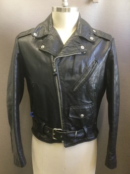 N/L, Black, Leather, Solid, Silver Metal Zipper, 4 Assorted Pockets, Zippers at Sleeve Hem, Epaulets, Self Belt, Blue Beads  on Right Pocket, Quilted Lining