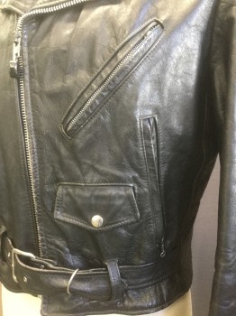 N/L, Black, Leather, Solid, Silver Metal Zipper, 4 Assorted Pockets, Zippers at Sleeve Hem, Epaulets, Self Belt, Blue Beads  on Right Pocket, Quilted Lining