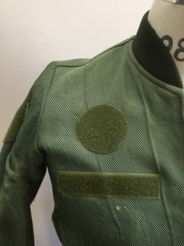 N/L MTO, Green, Olive Green, Dk Olive Grn, Synthetic, Solid, Bomber Jacket: Bumpy Textured Green Synthetic, Zip Front, Olive Velcro Panels for Patches at Chest and Upper Sleeves, Dark Olive Rib Knit Neck, Cuffs and Waist, Made To Order
