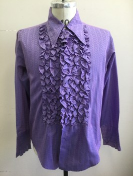 N/L, Purple, Violet Purple, Poly/Cotton, Geometric, Long Sleeve Button Front, Long 70's Style Collar Attached, Ruffled Front, Long 3 Button Cuffs with Ruffled Edge,