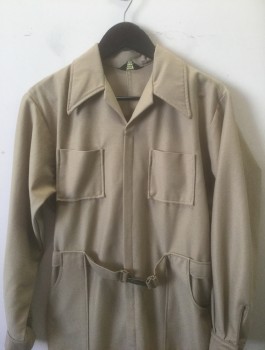 PARA SUIT, Tan Brown, Polyester, Solid, Waffle Texture, Long Sleeves, Zip Front, Collar Attached, 6 Pockets (2 on Chest, 2 at Sides, 2 in Back), Attached Belt at Sides of Waist with Metal Buckle with Crown Detail, Elastic Waist in Back,