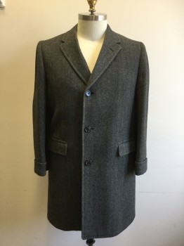 BURLEIGH, Charcoal Gray, Wool, Herringbone, Single Breasted, Collar Attached, Notched Lapel, 2 Flap Pockets, Turned Back Cuff. Shoulder Sleeve Seam, Knee Length,