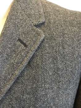 BURLEIGH, Charcoal Gray, Wool, Herringbone, Single Breasted, Collar Attached, Notched Lapel, 2 Flap Pockets, Turned Back Cuff. Shoulder Sleeve Seam, Knee Length,