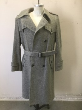 JOHN WEITZ, Gray, Wool, Solid, Textured Woven Wool, Double Breasted, Collar Attached, Epaulets at Shoulders, Pointed Yoke with Button Detail, 2 Pockets, **Comes with Matching Fabric Belt with Black Buckle