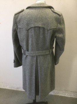 JOHN WEITZ, Gray, Wool, Solid, Textured Woven Wool, Double Breasted, Collar Attached, Epaulets at Shoulders, Pointed Yoke with Button Detail, 2 Pockets, **Comes with Matching Fabric Belt with Black Buckle