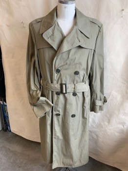 VAUGHN, Khaki Brown, Lt Olive Grn, Cotton, Solid, Notched Lapel, Flap Front & Back, Double Breasted, 6 Gray  Button Front, Long Sleeves with Short Strap & Button, 3/4 Length, SELF BELT with Gray Rectangle Buckle, Split Center Back Hem, Detachable Lining