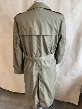 VAUGHN, Khaki Brown, Lt Olive Grn, Cotton, Solid, Notched Lapel, Flap Front & Back, Double Breasted, 6 Gray  Button Front, Long Sleeves with Short Strap & Button, 3/4 Length, SELF BELT with Gray Rectangle Buckle, Split Center Back Hem, Detachable Lining