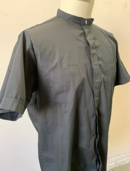 R.J. TOOMEY, Black, Poly/Cotton, Solid, Priest/Clergical, Short Sleeves, Button Front, Band Collar,  2 Patch Pockets