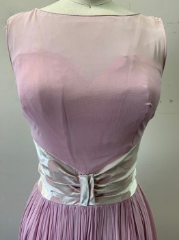 Young Modes, Bubble Gum Pink, Ballet Pink, Polyester, Solid, Polka Dots, Sleeveless, Sheer Illusion Neckline, Polka-dot Waist Band, Pleated, Back Zipper,