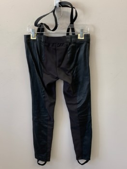 MTO, Black, Faux Leather, Synthetic, Solid, Pants, Zip Front, Elastic Suspenders, Low Waist, Seams @ Knees, Stirrups, Panel Insert @ Back Waist Down Inseam
