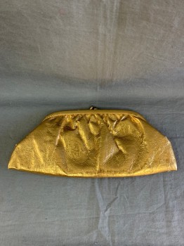 N/L, Gold, Leather, Silk, Solid, Gold Foiled Mylar Coated Leather Clutch, Gathered Top  Foil Covered with Metal Hinged Clasp, Dull Gold Silk Lining , 3 Small Tears See Photos