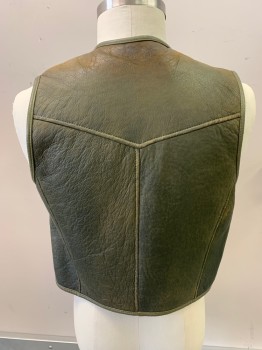 1534, Dk Olive Grn, Leather, Sherpa, Faded, Open Front, 2 Pockets, Faded/Aged Shoulders, Olive Bias Trim