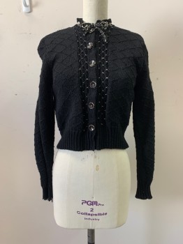 MTO, Black, Cream, Wool, Solid, CARDIGAN, Black and Cream Braided Band Collar, Snap Closures, 6 Buttons Down Front, Drawstring Tie at Neck *Right Cuff is Unravelling*