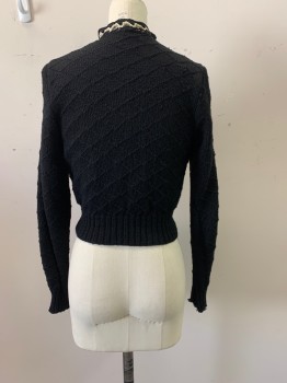 MTO, Black, Cream, Wool, Solid, CARDIGAN, Black and Cream Braided Band Collar, Snap Closures, 6 Buttons Down Front, Drawstring Tie at Neck *Right Cuff is Unravelling*