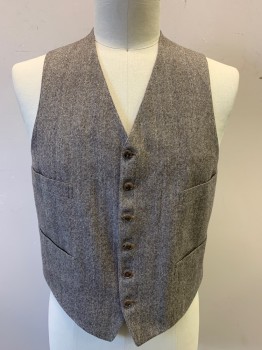 BROOKS BROTHERS, Brown, Gray, Lt Brown, Wool, Tweed, Herringbone, 6 Button Front, 4 Pockets, Golden Brown Satin Back, Attached Self Back Belt