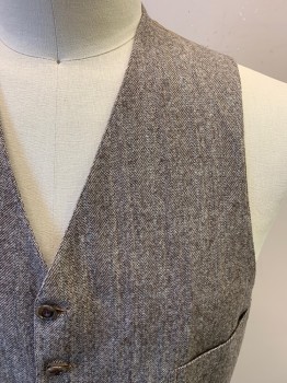 BROOKS BROTHERS, Brown, Gray, Lt Brown, Wool, Tweed, Herringbone, 6 Button Front, 4 Pockets, Golden Brown Satin Back, Attached Self Back Belt
