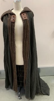 MTO, Tobacco Brown, Brown, Burlap, Cotton, Solid, Color Blocking, Aged, Voluminous Hood. Trim Of Mixed Brown Fabrics, Raw Hem In Front, Finished In Back, Thinning Spot At CB Neck Edge, Leather Appliques At Front Neck For Ties, Small Hole Left Back Hem