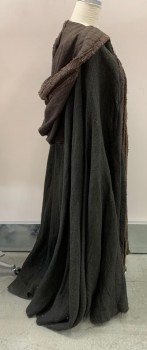 MTO, Tobacco Brown, Brown, Burlap, Cotton, Solid, Color Blocking, Aged, Voluminous Hood. Trim Of Mixed Brown Fabrics, Raw Hem In Front, Finished In Back, Thinning Spot At CB Neck Edge, Leather Appliques At Front Neck For Ties, Small Hole Left Back Hem