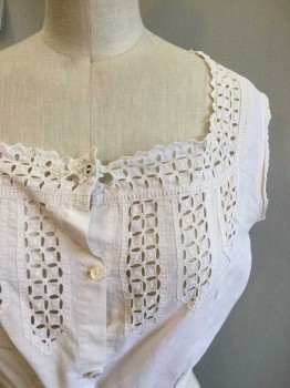 N/L, White, Cotton, Solid, Broadcloth, Eyelet Lace Accents with Cutouts, Square Neckline, Button Front Closure, Mended in Spots