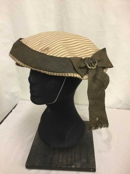 McKillin Cap, Tan Brown, Brown, Cotton, Polyester, Stripes, Brown Bow, Metal Pin In Center Of Bow, Brown Woven Trim, Small Front Brim, Black Knotted Cord Detail On Brim, Elastic Chin Strap,