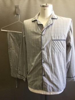 STAFFORD, Gray, White, Navy Blue, Cotton, Polyester, Plaid - Tattersall, Long Sleeves, Button Front, Left Breast Pocket, Navy White and Grey Plaid, Navy Piping