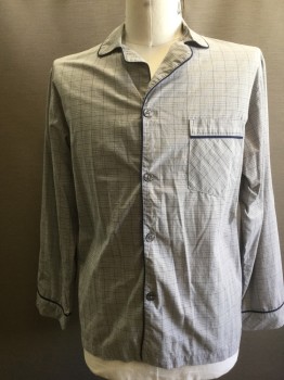 STAFFORD, Gray, White, Navy Blue, Cotton, Polyester, Plaid - Tattersall, Long Sleeves, Button Front, Left Breast Pocket, Navy White and Grey Plaid, Navy Piping