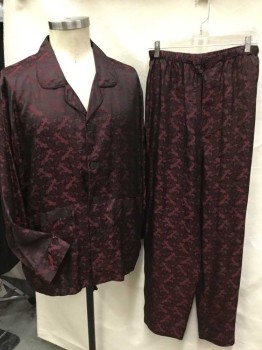 NEIMAN MARCUS, Brown, Dk Brown, Silk, Paisley/Swirls, Notched Lapel, Button Front, 2 Pockets,  Long Sleeves, All W/dark Brown Piping Trim
