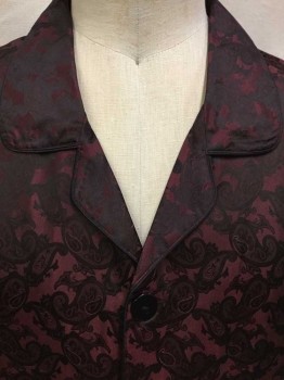 NEIMAN MARCUS, Brown, Dk Brown, Silk, Paisley/Swirls, Notched Lapel, Button Front, 2 Pockets,  Long Sleeves, All W/dark Brown Piping Trim