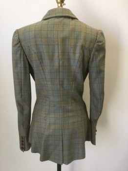 N/L, Sage Green, Gray, Taupe, Mustard Yellow, Blue, Wool, Plaid-  Windowpane, Peaked Lapel, 3 Hook & Eye Closures, 2 Curved Hip Pockets, Victorian Inspired Fishtaill Hem with Pleat at Center Back, Made To Order