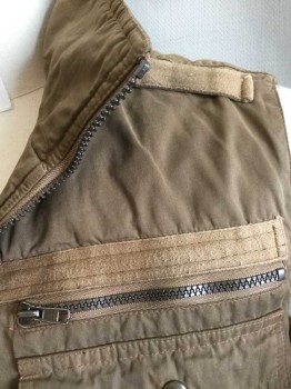 DRIZA-BONE, Beige, Cotton, Polyester, Solid, Zip Front, Many Pockets/compartments, Beige Twill Trim & Strap on One Shoulder, Quilted Nylon Lining