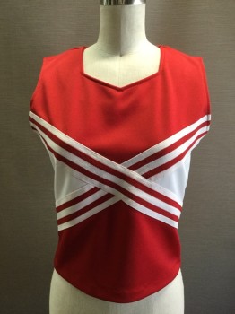 CHEERLEADING.COMPANY, Red, White, Polyester, Color Blocking, Stripes, Cheerleading Top: Sleeveless, Square Neck, Red/White Stripe Across Chest, Solid Red Back