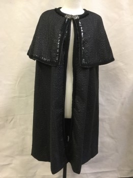 MTO, Black, Silver, Polyester, Abstract , Crew Neck, Silver Clasp Closure, Quilted Design, Braid and Shiny Pinked Fabric Applique at Opening and Edge of Over Capelet