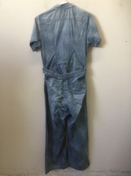 RALPH LAUREN, Denim Blue, Cotton, Heathered, Button Front, Collar Attached, Short Sleeves, 3 Pockets, Faded Look, Back Blouse and Pants Detached. 1940's Look, Flared Leg